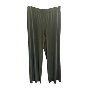 Susan Graver Liquid Knit Pants Size 1X Green Wide Leg Pull On Back Slit #6058